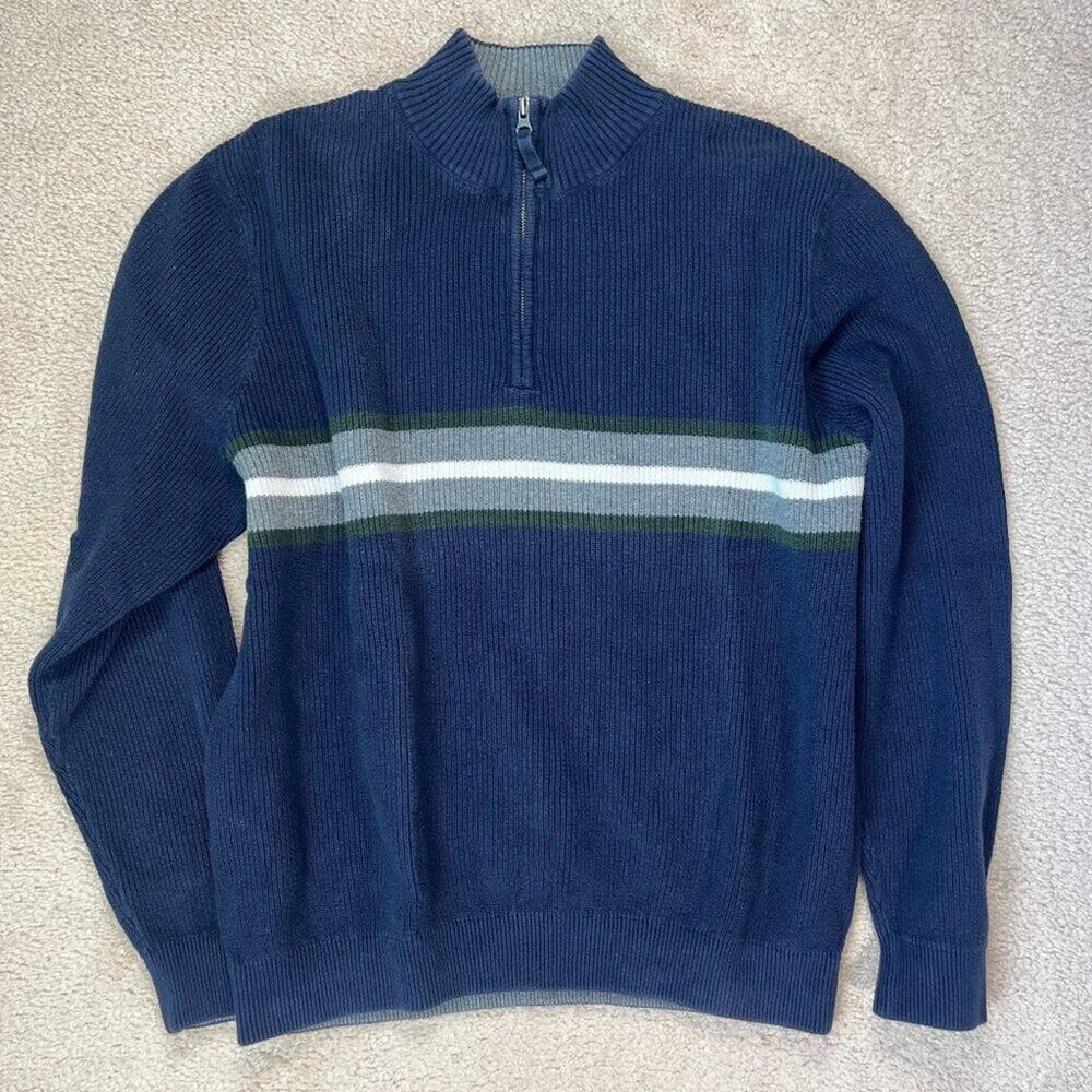 Eddie Bauer Quarter Zip Sweater Ribbed Knit Navy Striped Pullover Mens Large